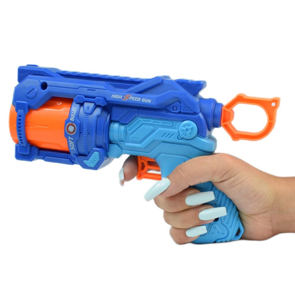 Blue and orange toy gun held in a hand.
