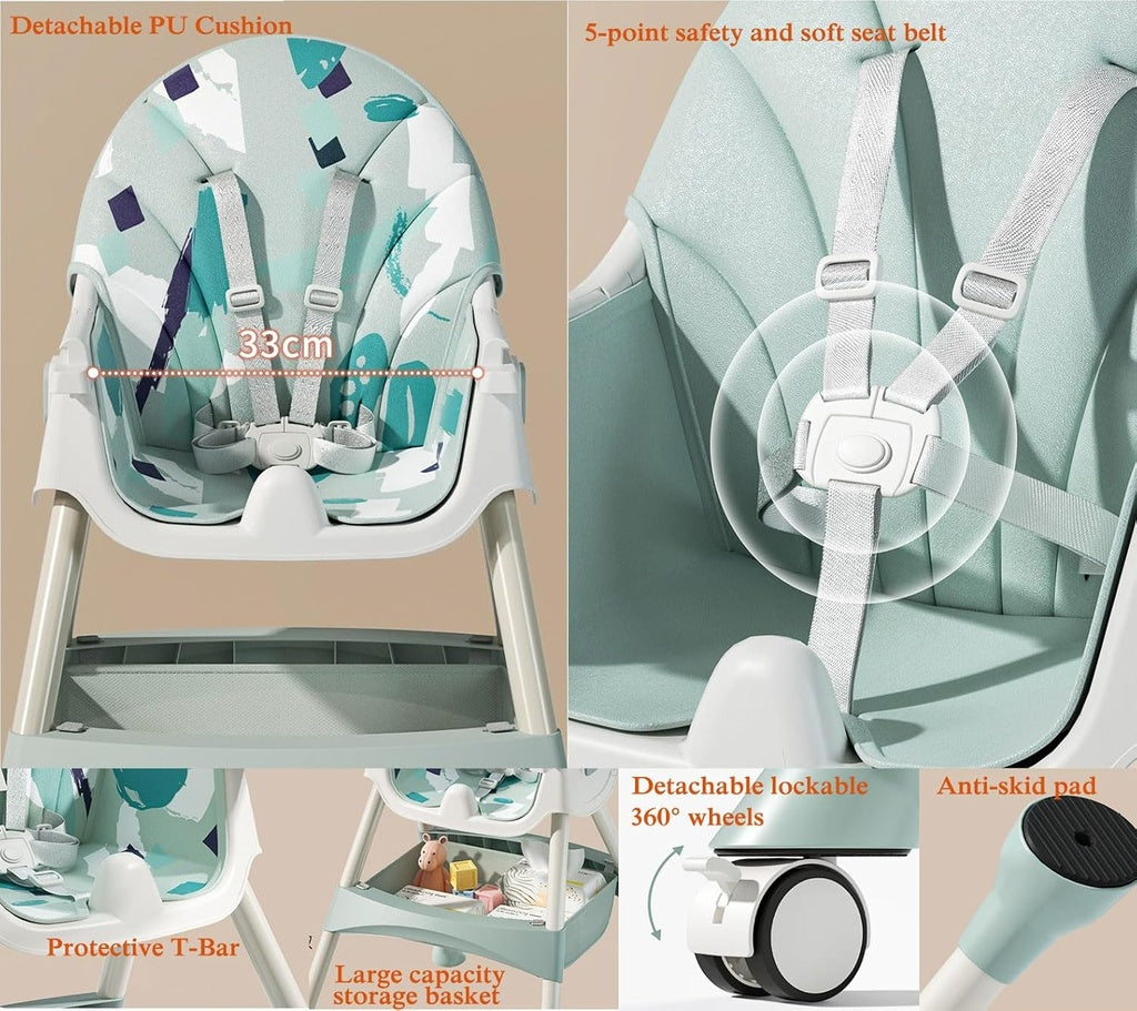 Collage of a high chair with features .