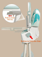 Baby chair with instructions on how to fold, showing a button and pull tab.
