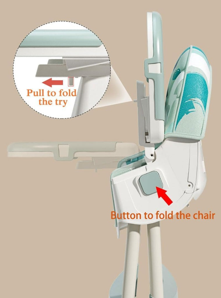 Baby chair with instructions on how to fold, showing a button and pull tab.