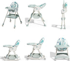 Multi-angle view of a baby high chair with various attachments .
