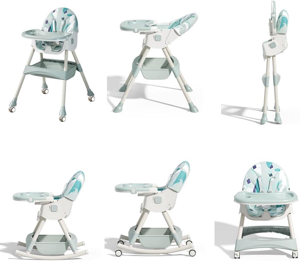 Multi-angle view of a baby high chair with various attachments .
