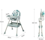 Baby high chair with dimensions labeled .
