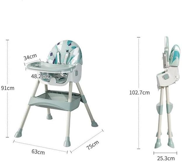 Baby high chair with dimensions labeled .