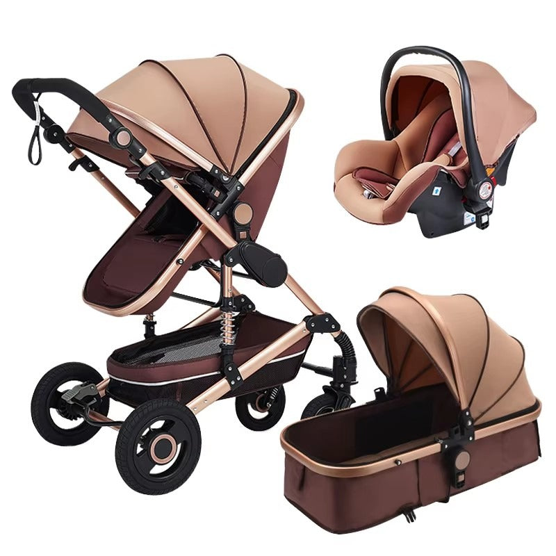  Belecco Baby stroller and car seat set with beige and brown color scheme .
