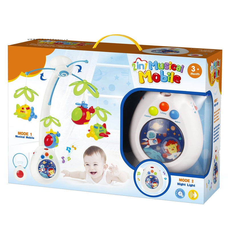 Boxed baby musical mobile with colorful hanging toys and night light feature.