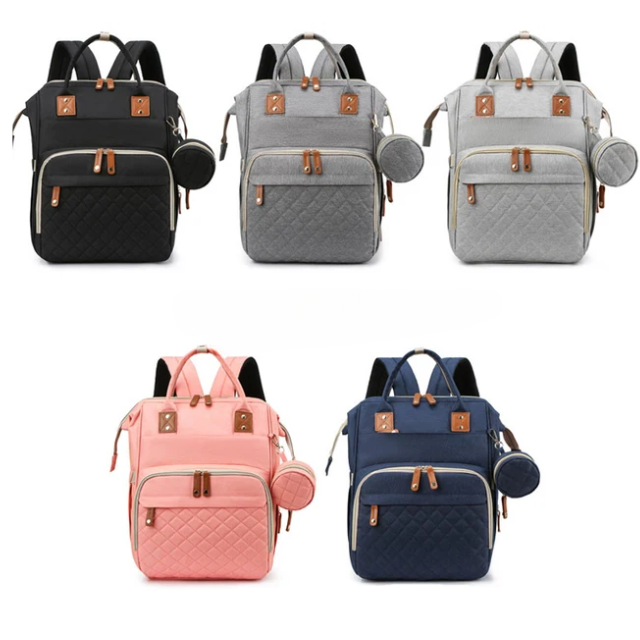 Five backpacks in black, gray, pink, and blue 