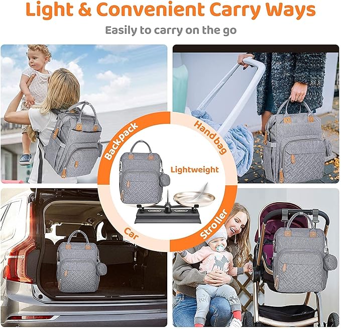 Gray diaper bag shown in various use cases including backpack, handbag, and stroller with text 'Light & Convenient Carry Ways'.