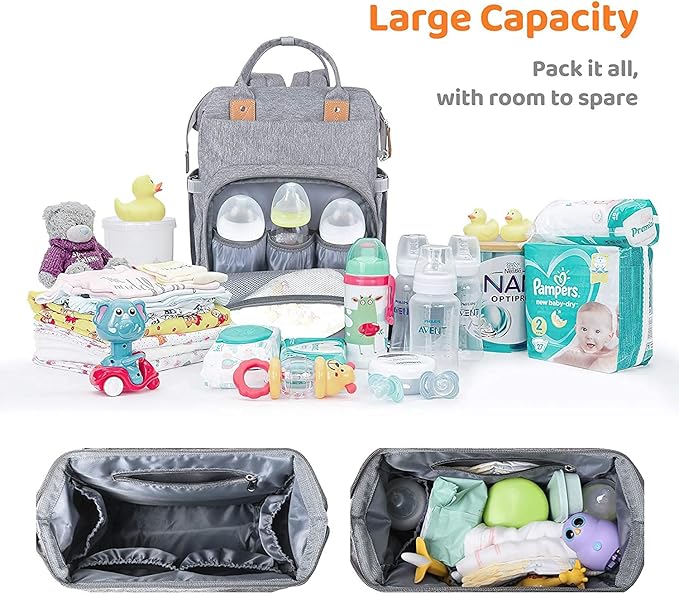 Gray diaper bag with baby items .