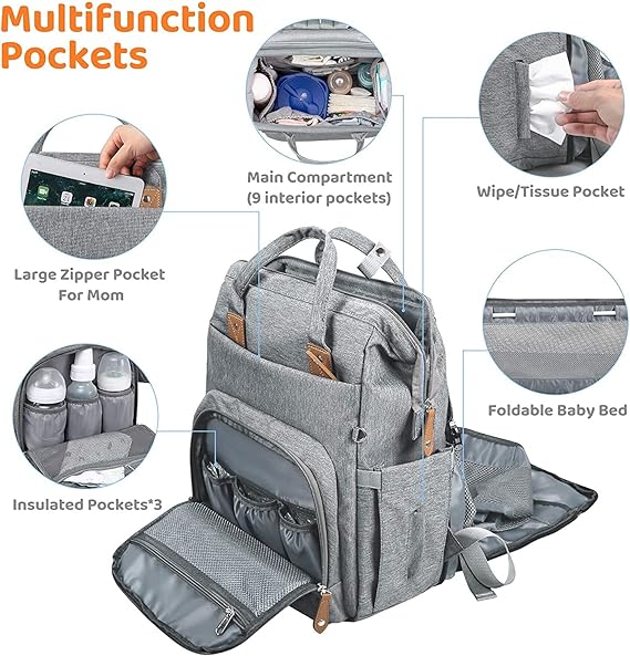 Gray diaper bag with various compartments and features highlighted