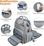 Gray diaper bag with various compartments and features highlighted
