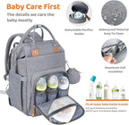 Gray diaper bag with bottle holders and accessories, featuring 'Baby Care First' .