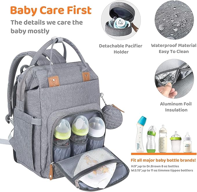 Gray diaper bag with bottle holders and accessories, featuring 'Baby Care First' .