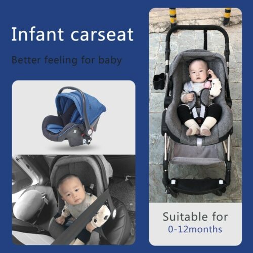 Infant car seat with a baby inside, suitable for 0-12 months.