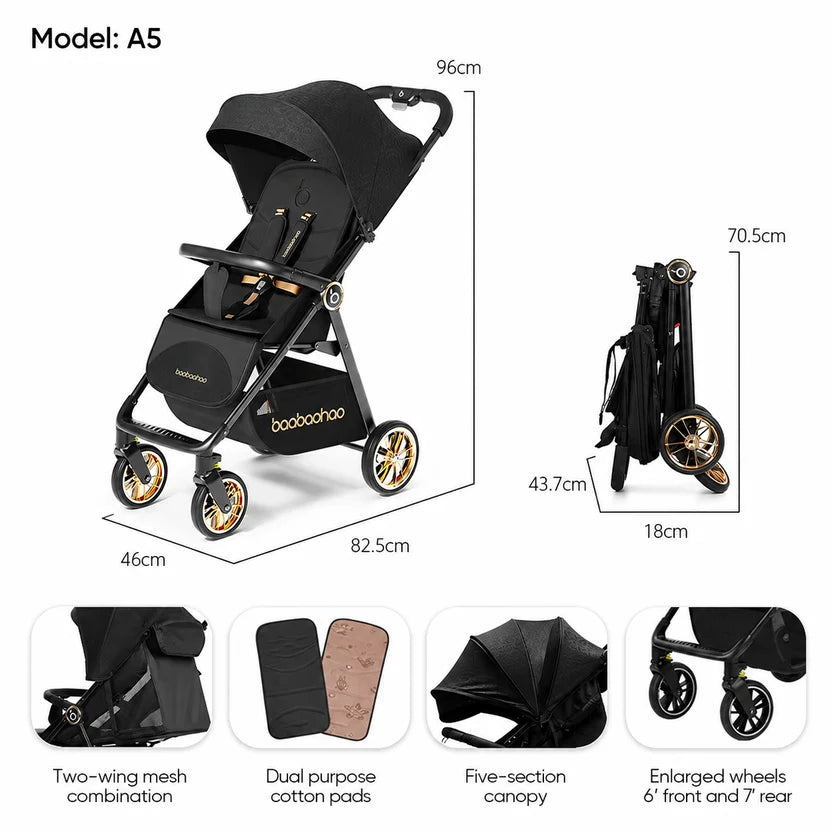 Black baby stroller shown  with dimension labels and feature callouts. The stroller is labeled Model: A5, with measurements for height, width, and folded depth, plus small inset images showing product details such as a two-wing mesh combination, dual purpose cotton pads, five-section canopy, and enlarged wheels.