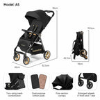 Black baby stroller shown  with dimension labels and feature callouts. The stroller is labeled Model: A5, with measurements for height, width, and folded depth, plus small inset images showing product details such as a two-wing mesh combination, dual purpose cotton pads, five-section canopy, and enlarged wheels.