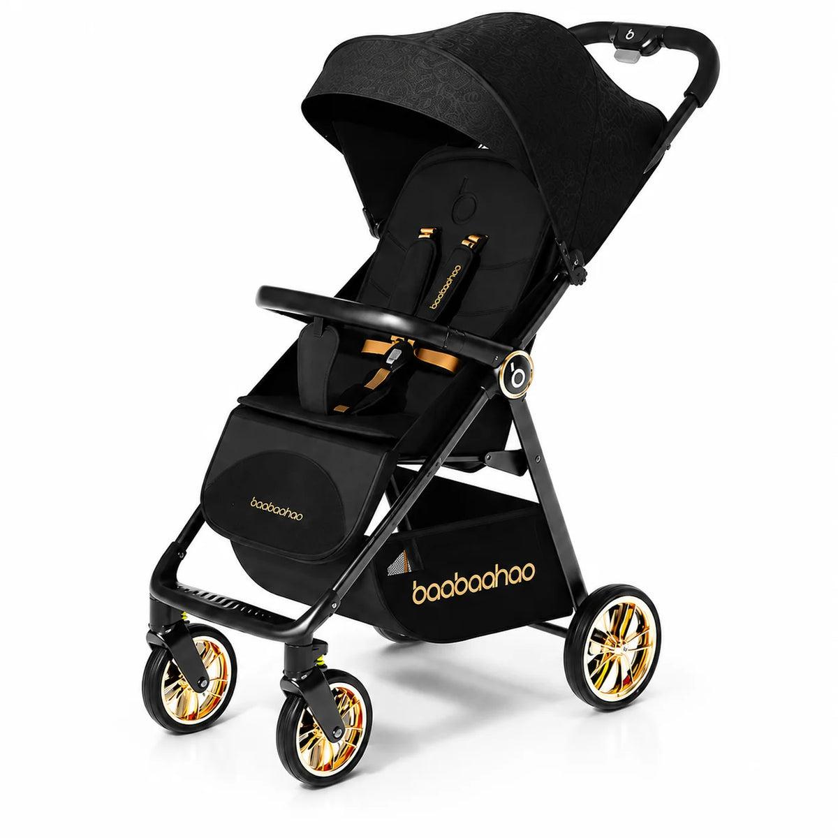 A black baby stroller with gold accents and  printed on the side.  Easy to fold lightweight stroller.