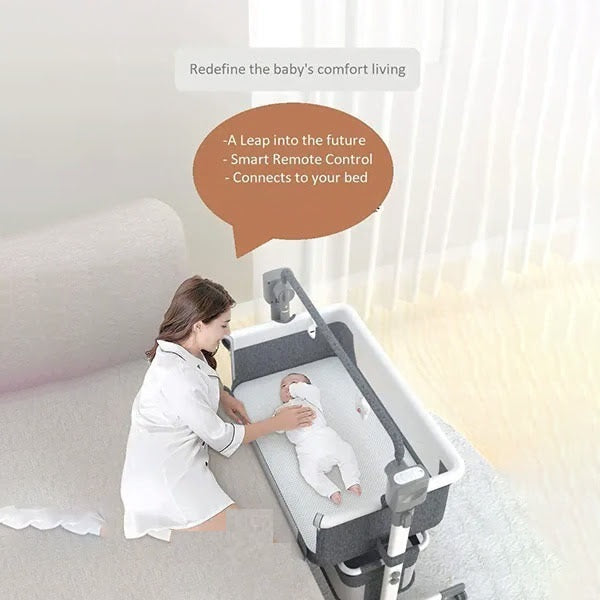 Woman with a baby in a modern baby crib with text about smart remote control.