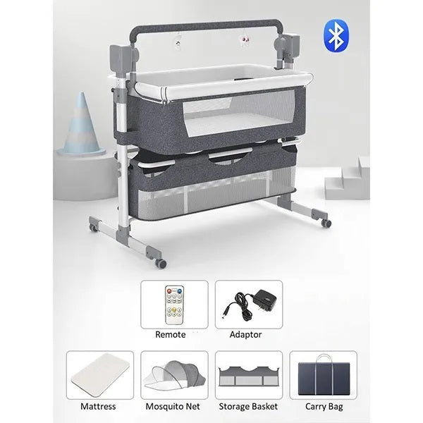 Portable baby crib with Bluetooth icon on a white background, featuring accessories like remote, adaptor, mattress, mosquito net, storage basket, and carry bag.