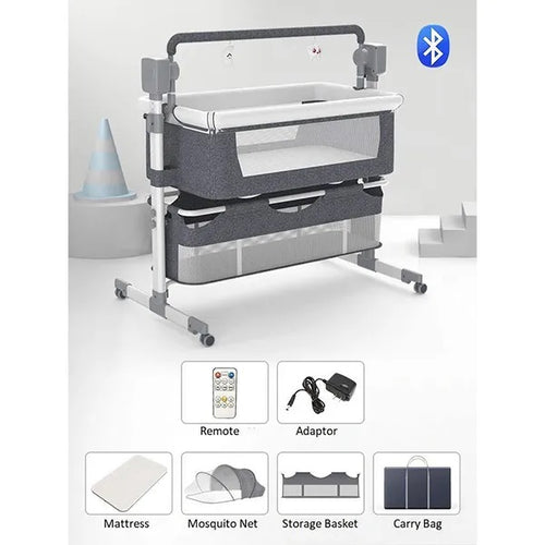Portable baby crib with Bluetooth icon on a white background, featuring accessories like remote, adaptor, mattress, mosquito net, storage basket, and carry bag.