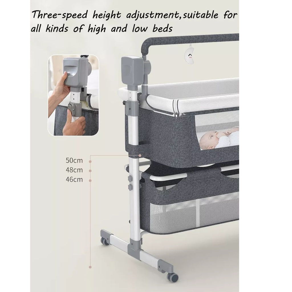 Baby crib with three-speed height adjustment feature, suitable for high and low beds.