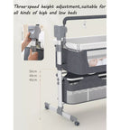 Baby crib with three-speed height adjustment feature, suitable for high and low beds.