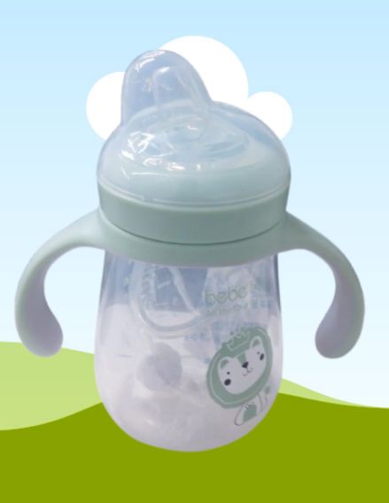 Baby bottle with a cartoon character label on a light blue and green gradient 