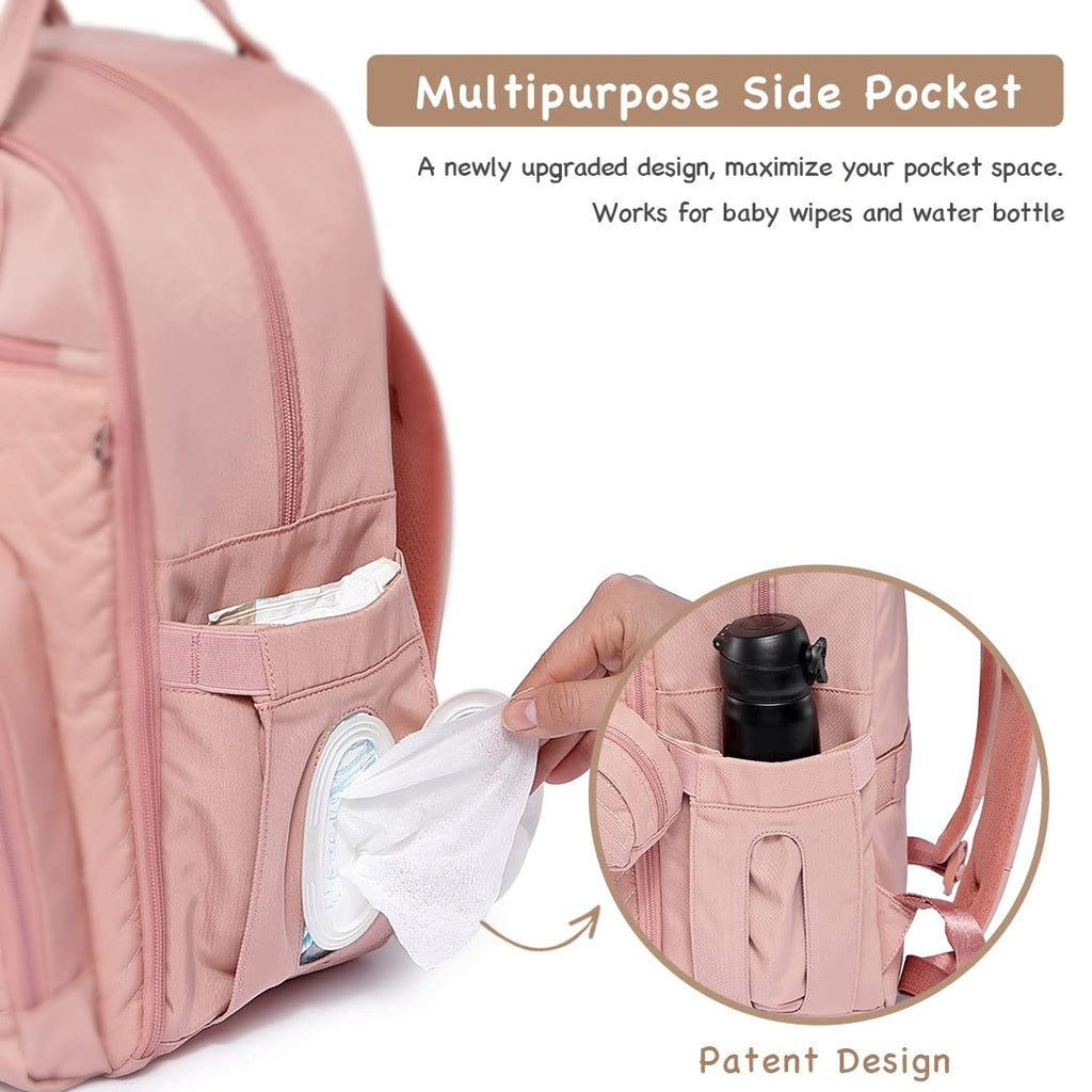 Pink backpack with a multipurpose side pocket, showing a baby wipe and water bottle.