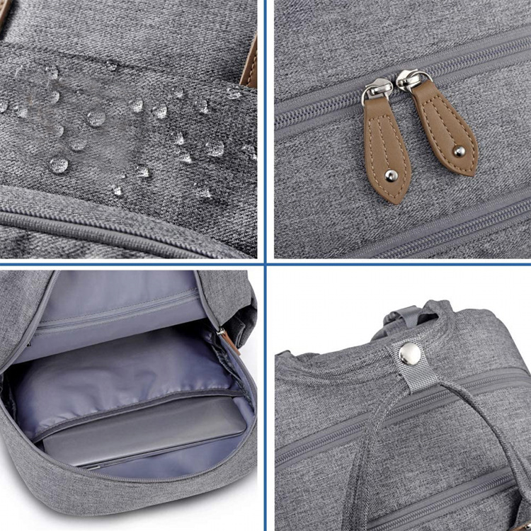 Collage of a gray backpack with water droplets, zipper details, and interior view.