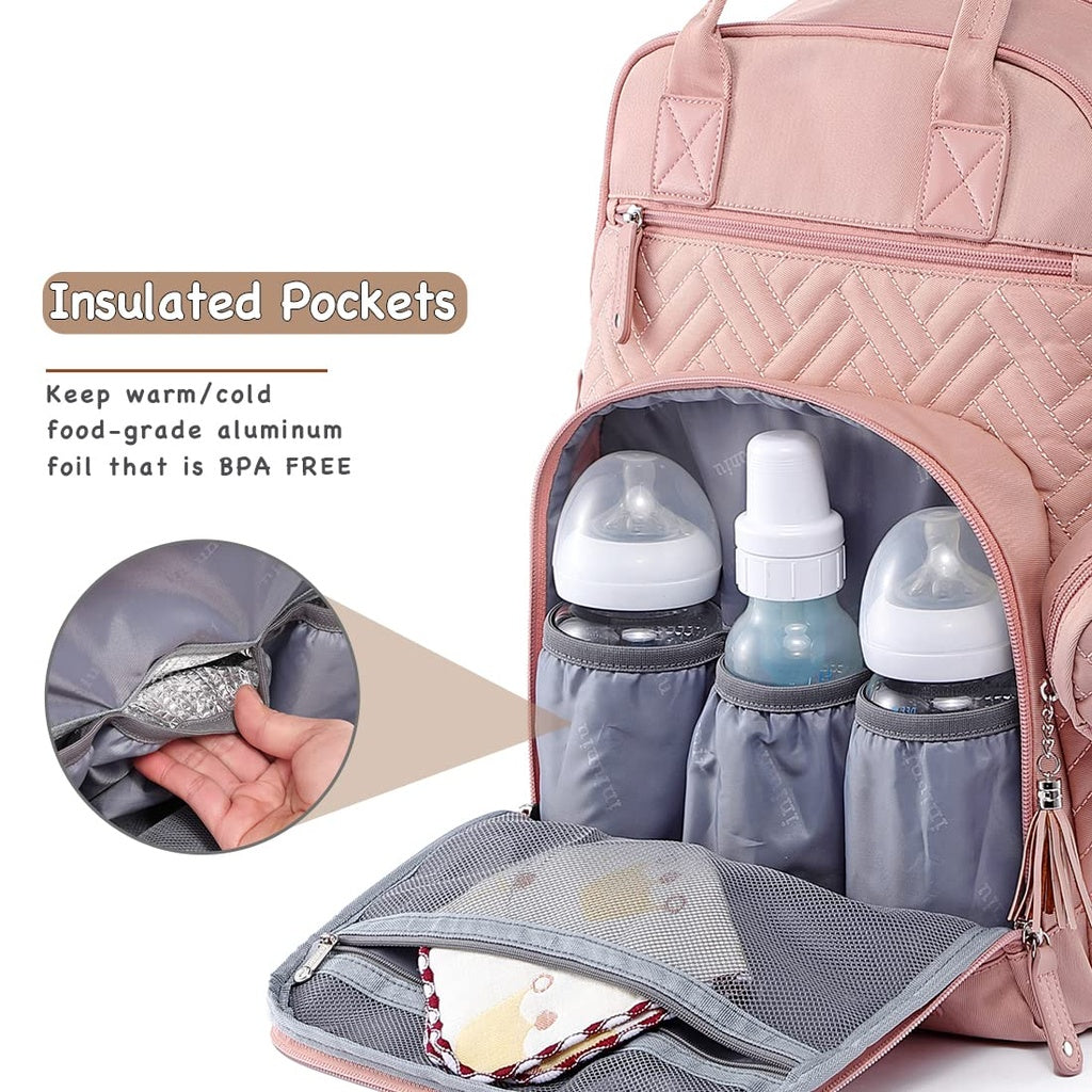 Pink diaper bag with insulated pockets for bottles and items, showing BPA-free food-grade aluminum foil.