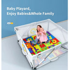 Baby playard with colorful alphabet mat and a child holding a baby inside.