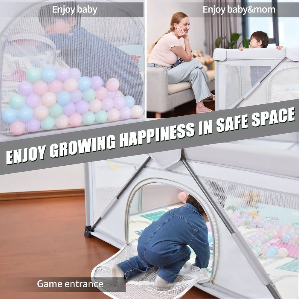Baby playpen with colorful balls and family using it, text 'Enjoy baby & mom, enjoy growing happiness in safe space'.