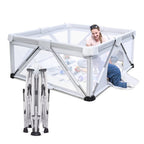 White playpen with a child inside .