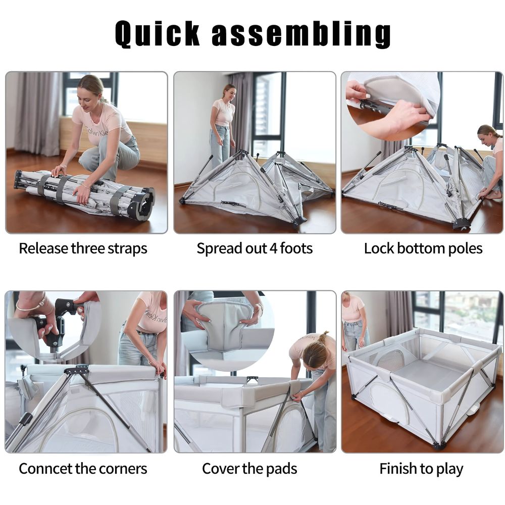 Step-by-step assembly instructions for setting up a playpen.