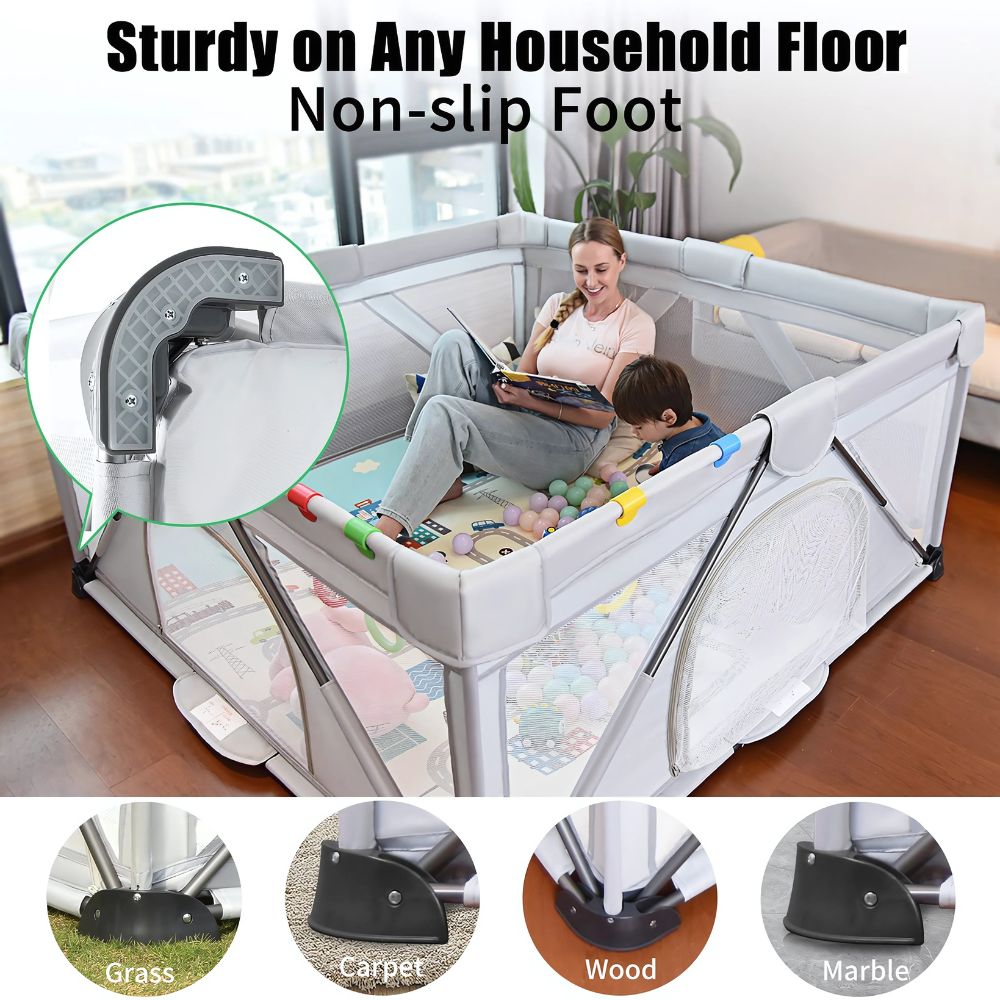 Baby playpen with non-slip foot pads on a wooden featuring a woman and child inside.