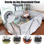 Baby playpen with non-slip foot pads on a wooden featuring a woman and child inside.
