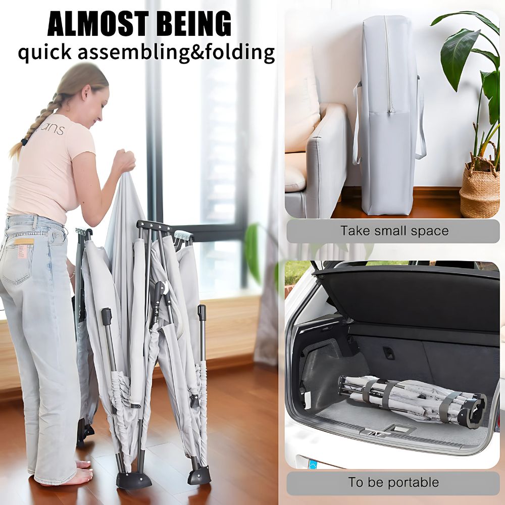 Person assembling a folding chair, with text highlighting quick assembly and portability.