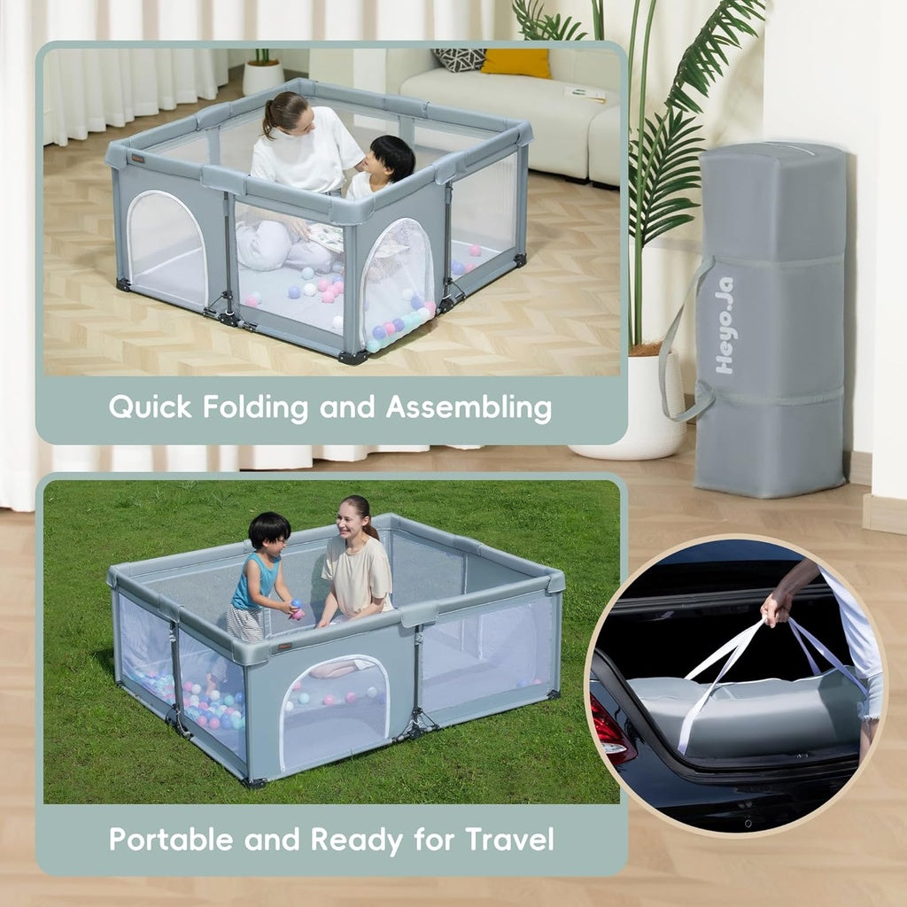 Portable playpen with assembly and travel features shown, including quick folding, assembly, and portability.