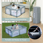 Portable playpen with assembly and travel features shown, including quick folding, assembly, and portability.