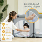 Woman and child interacting with a portable playpen, emphasizing its features.