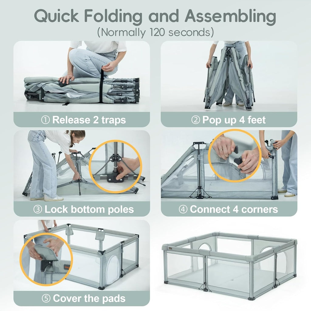 Step-by-step guide on how to quickly fold and assemble a playpen.