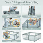 Step-by-step guide on how to quickly fold and assemble a playpen.