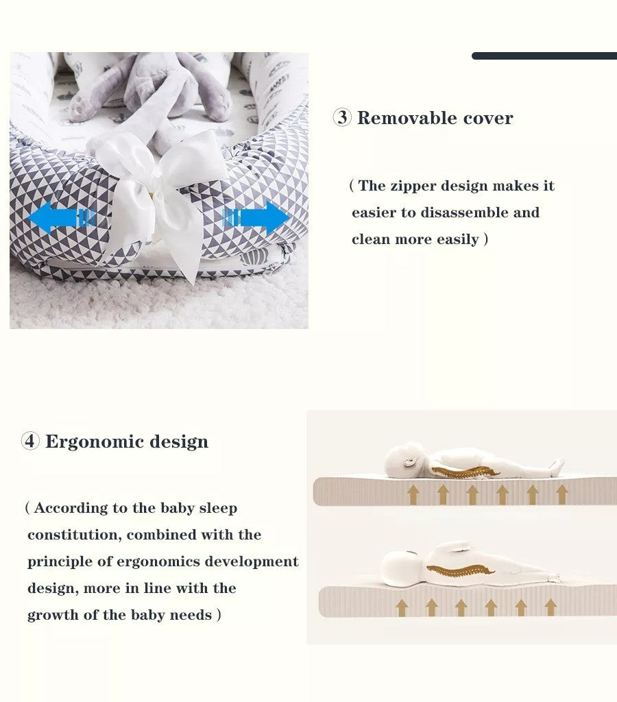 Baby crib with text highlighting removable cover and ergonomic design.