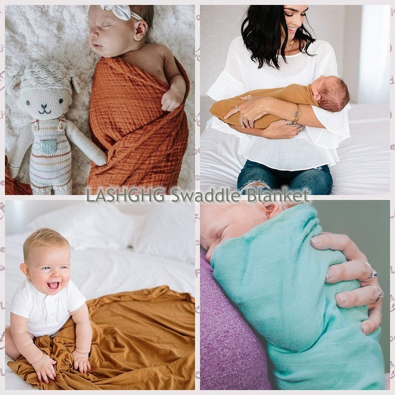Collage of babies swaddled in different colored  bamboo blankets with a woman holding a baby.
