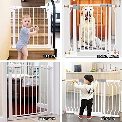 Collage of a baby, dog, and child using a multi-use  Baybee safety gate in various rooms.