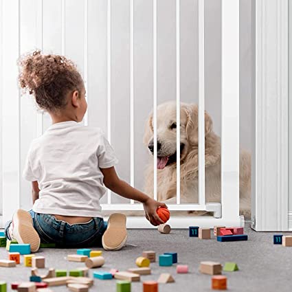 Child sitting on the floor with a dog behind a safety gate, surrounded by toys.