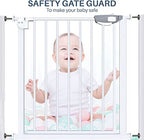 Baby standing behind a safety gate with text 'Safety Gate Guard' above.