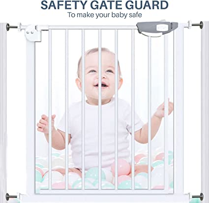 Baby standing behind a safety gate with text 'Safety Gate Guard' above.