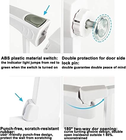 Product features with text highlighting ABS plastic material switch, double protection for door side lock pin, punch-free design, and 180-degree two-way door opening.