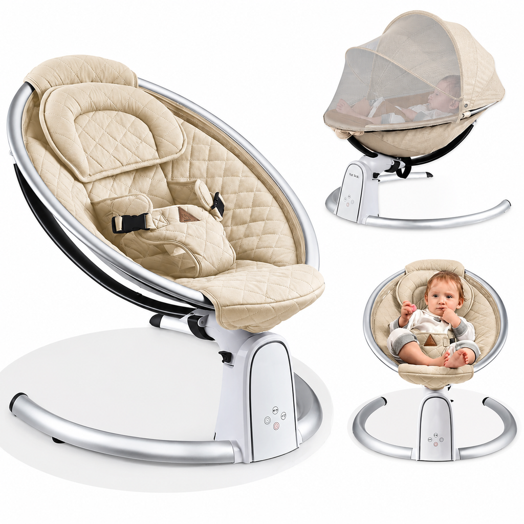 Beige baby swing with canopy and baby inside the electric bouncer.